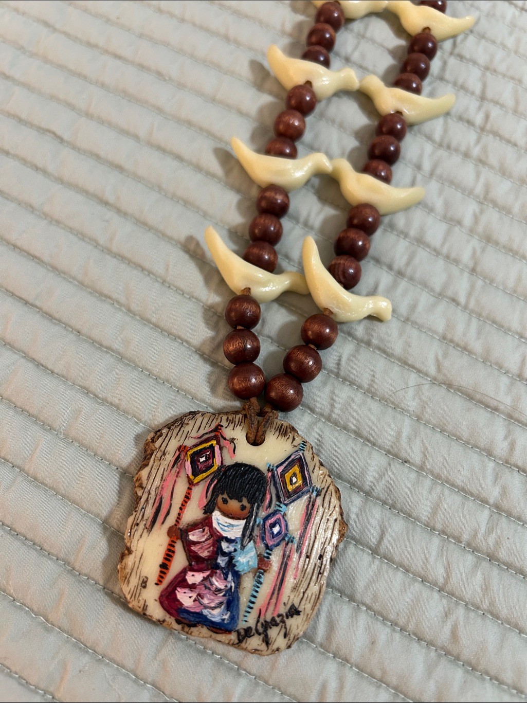 Vintage Ted Degrazia Hand Painted Pendant Necklace Heavenly Blessings